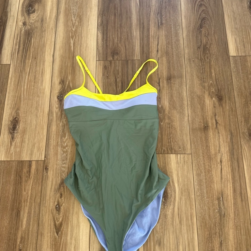 Prana Olive One-Piece Swimsuit with Yellow and Light Blue Bands - Picture 3 of 6